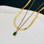 Gold-Plated Anti Tarnish Green Emerald Geometric Layered Necklace - Image 9