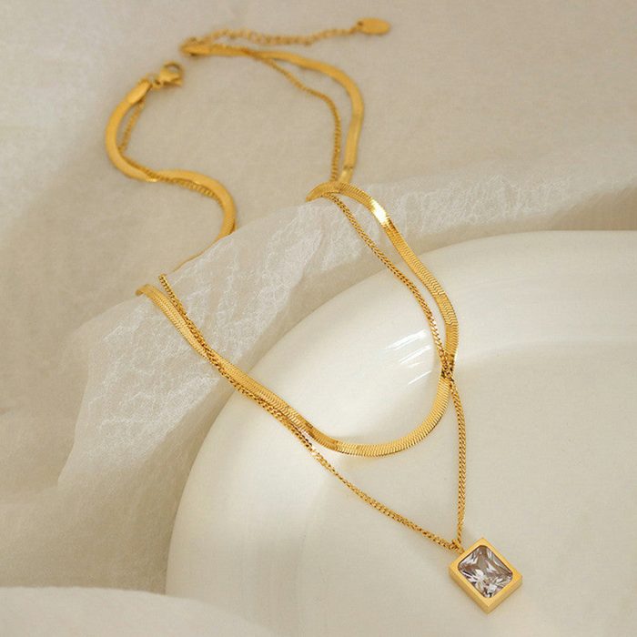 Gold-Plated Anti Tarnish White Emerald Geometric Layered Necklace - Image 5