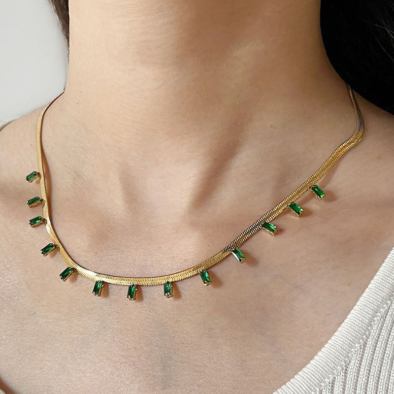 Gold Plated Stainless Steel Anti Tarnish Snake Chain Green Emerald Studded Necklace - Image 1