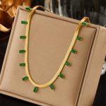 Gold Plated Stainless Steel Anti Tarnish Snake Chain Green Emerald Studded Necklace - Image 2