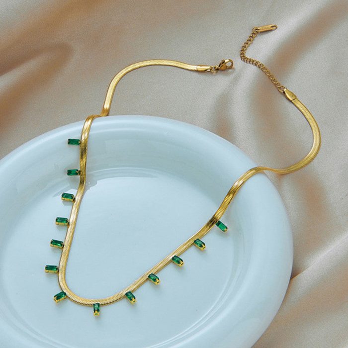 Gold Plated Stainless Steel Anti Tarnish Snake Chain Green Emerald Studded Necklace - Image 3
