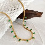 Gold Plated Stainless Steel Anti Tarnish Snake Chain Green Emerald Studded Necklace - Image 4
