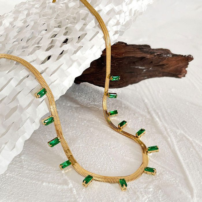Gold Plated Stainless Steel Anti Tarnish Snake Chain Green Emerald Studded Necklace - Image 4