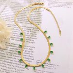 Gold Plated Stainless Steel Anti Tarnish Snake Chain Green Emerald Studded Necklace - Image 5