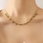 Gold Plated Stainless Steel Anti Tarnish Snake Chain Green Emerald Studded Necklace - Image 6