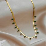 Gold Plated Stainless Steel Anti Tarnish Snake Chain Green Emerald Studded Necklace - Image 7
