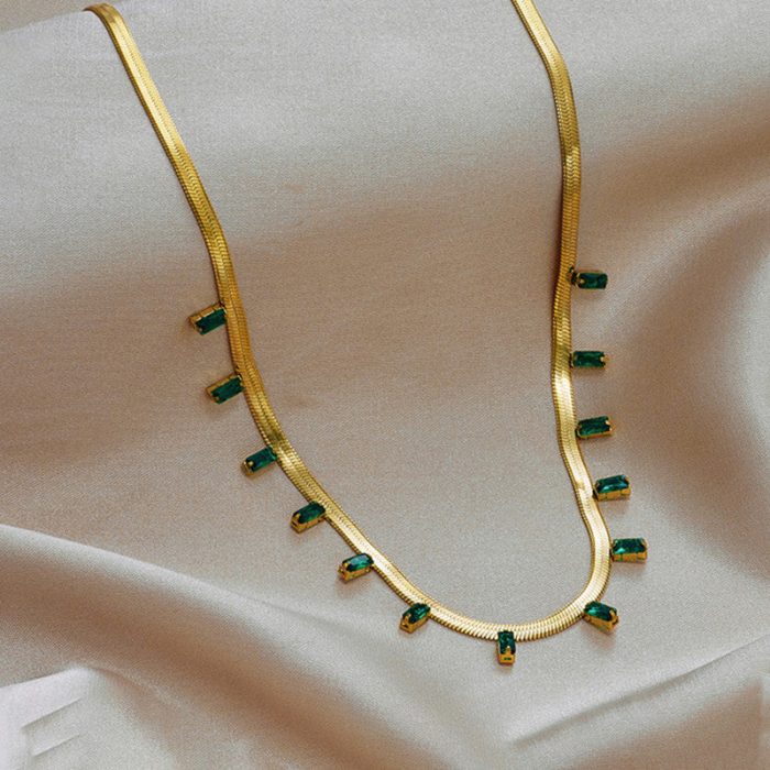 Gold Plated Stainless Steel Anti Tarnish Snake Chain Green Emerald Studded Necklace - Image 7