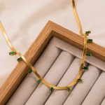 Gold Plated Stainless Steel Anti Tarnish Snake Chain Green Emerald Studded Necklace - Image 8