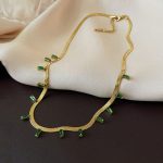 Gold Plated Stainless Steel Anti Tarnish Snake Chain Green Emerald Studded Necklace - Image 9