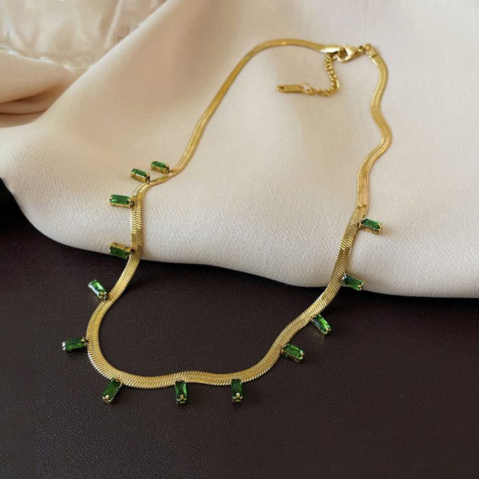 Gold Plated Stainless Steel Anti Tarnish Snake Chain Green Emerald Studded Necklace - Image 9
