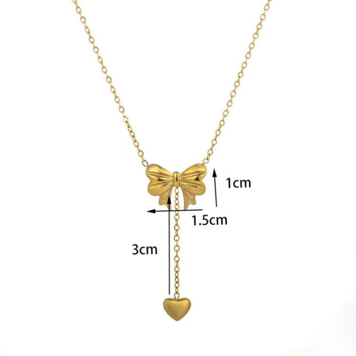 Gold Plated Stainless Steel Anti Tarnish Heart Themed Bow inspired Pendant Necklace - Image 7