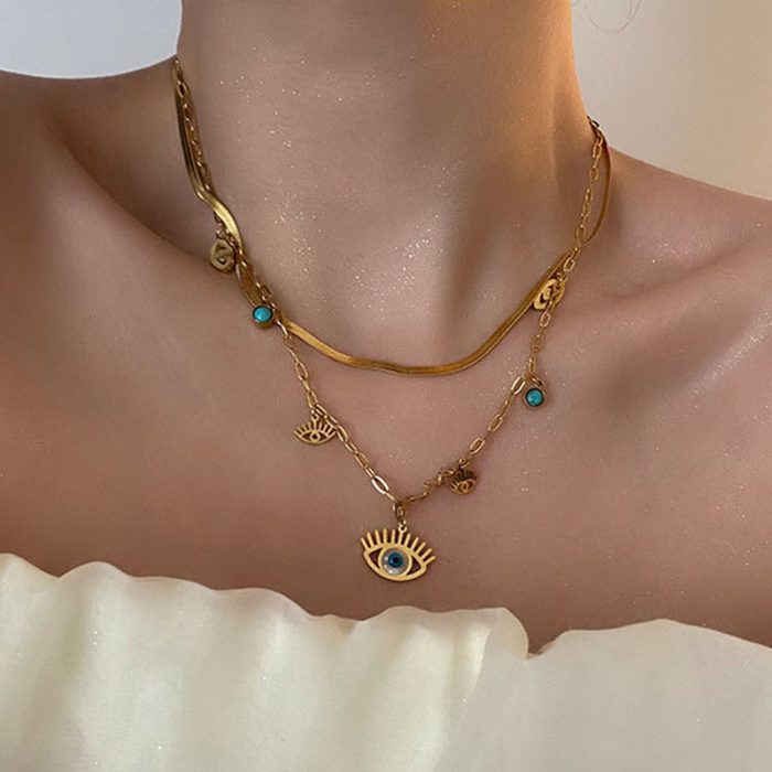 Gold Plated Stainless Steel Anti Tarnish Evil Eye themed Dual Strand Necklace For Women - Image 8