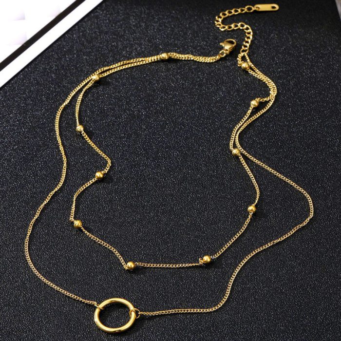 Gold Plated Stainless Steel Anti Tarnish Dual Layered Chain Hoop Pendant Necklace - Image 4