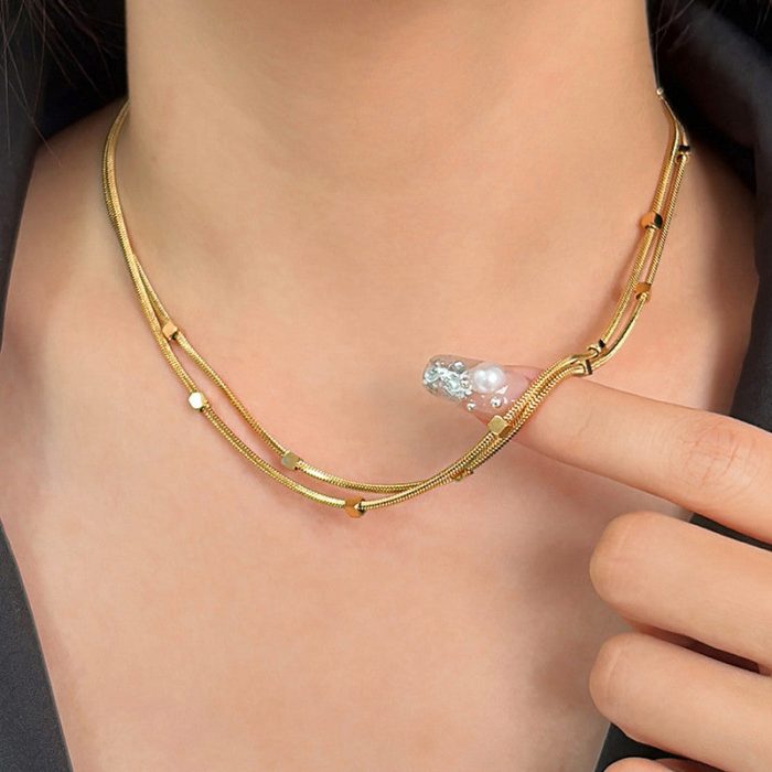 Gold Plated Stainless Steel Anti-Tarnish Geometric Dual Strand Necklace - Image 2