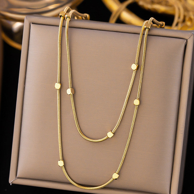 Gold Plated Stainless Steel Anti-Tarnish Geometric Dual Strand Necklace - Image 1
