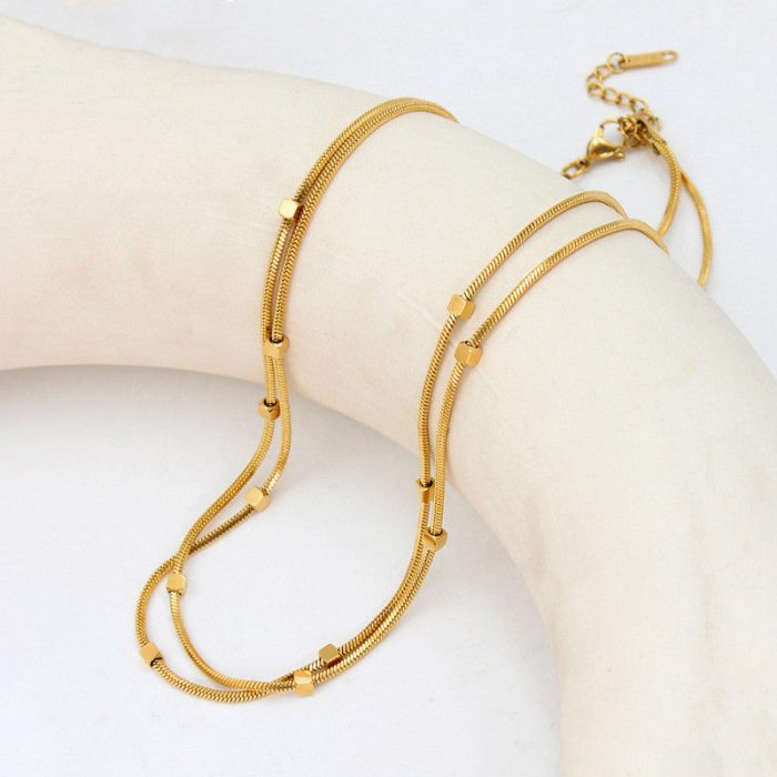 Gold Plated Stainless Steel Anti-Tarnish Geometric Dual Strand Necklace - Image 3