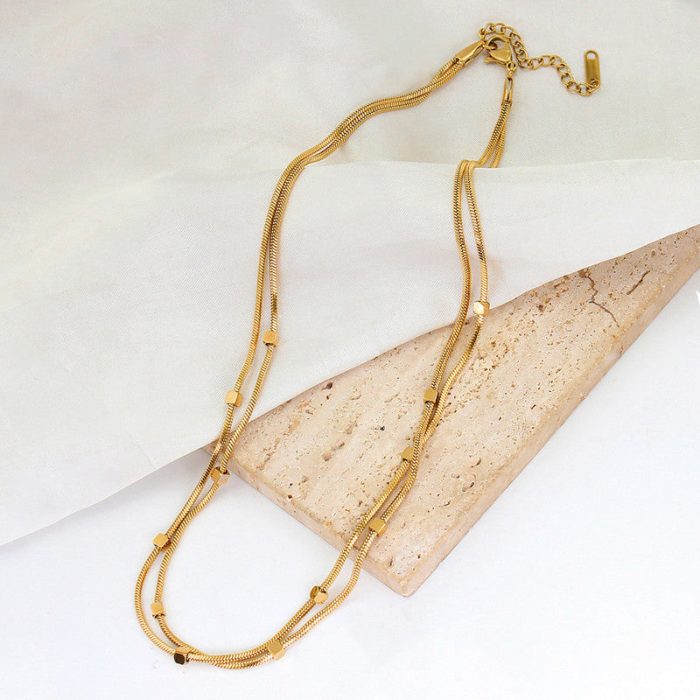 Gold Plated Stainless Steel Anti-Tarnish Geometric Dual Strand Necklace - Image 4