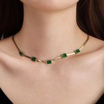 Gold Plated Stainless Steel Anti Tarnish Snake Chain Green Emerald Studded Necklace - Image 3