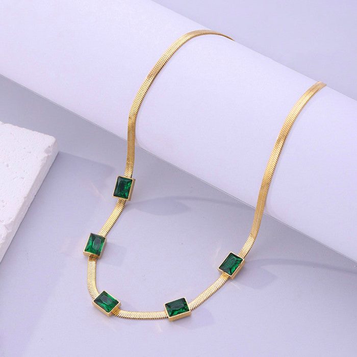 Gold Plated Stainless Steel Anti Tarnish Snake Chain Green Emerald Studded Necklace - Image 4
