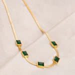 Gold Plated Stainless Steel Anti Tarnish Snake Chain Green Emerald Studded Necklace - Image 6
