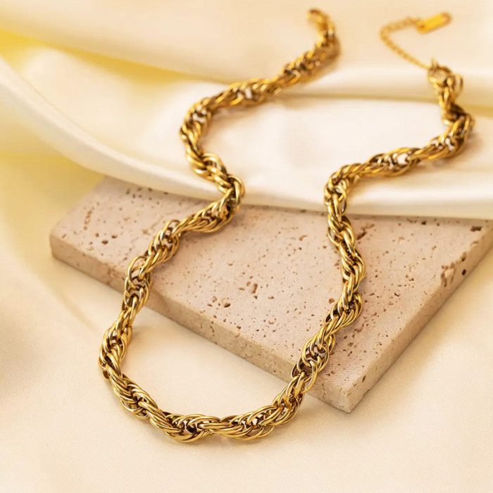 Gold Plated Anti Tarnish Stainless Steel Thick Chain Rope Style Necklace - Image 3