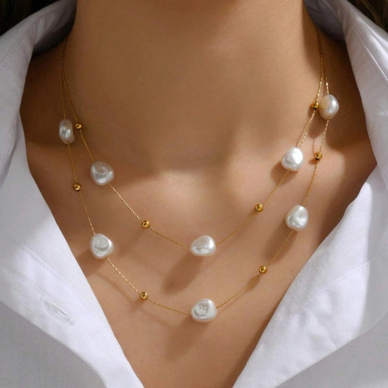 Gold Plated Anti Tarnish Stainless Steel Pearl Studded Layered Necklace - Image 1