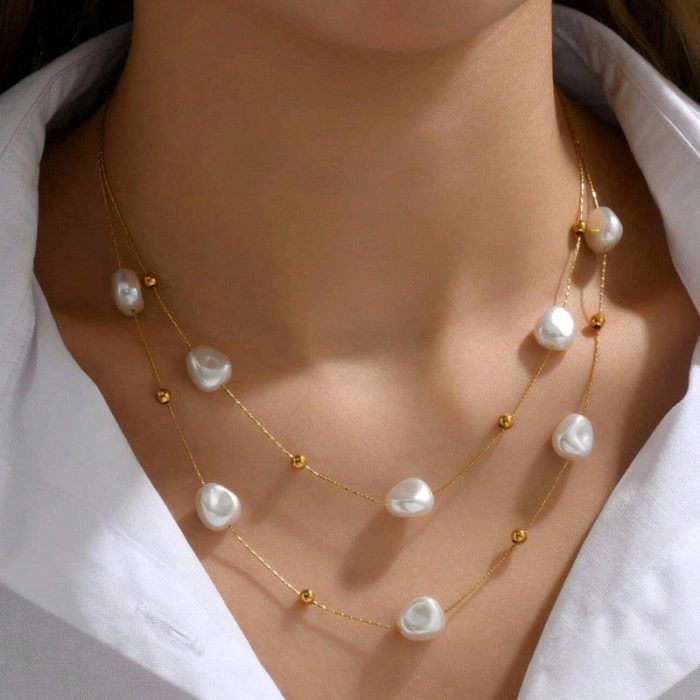 Gold Plated Anti Tarnish Stainless Steel Pearl Studded Layered Necklace - Image 4