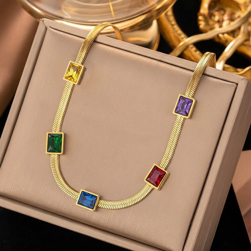 Gold Plated Stainless Steel Anti Tarnish Snake Chain Multicolor Emerald Studded Necklace - Image 1