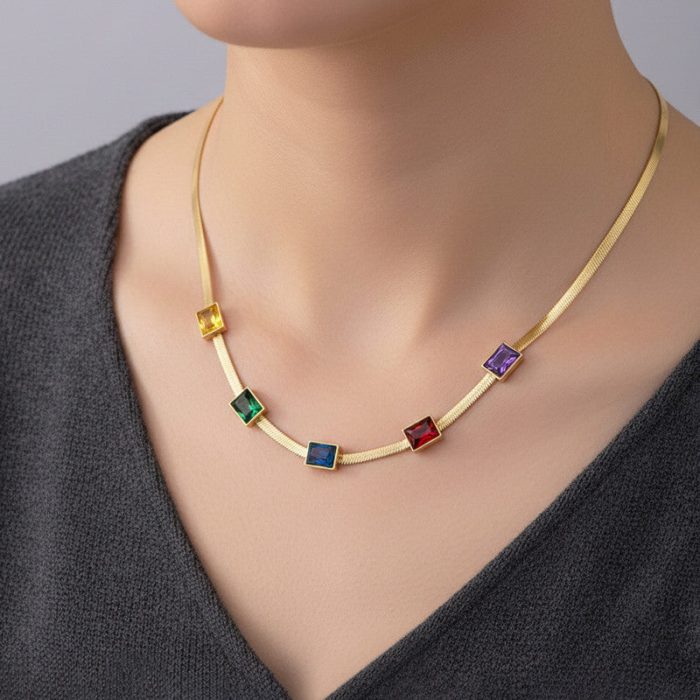 Gold Plated Stainless Steel Anti Tarnish Snake Chain Multicolor Emerald Studded Necklace - Image 3