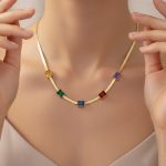 Gold Plated Stainless Steel Anti Tarnish Snake Chain Multicolor Emerald Studded Necklace - Image 6