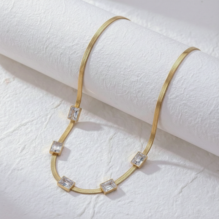 Gold Plated Stainless Steel Anti Tarnish Snake Chain White Emerald Studded Necklace - Image 2