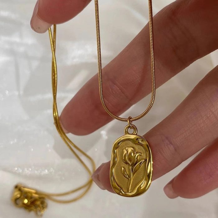 Gold Plated White Anti Tarnish Rose Themed Pendant - Image 5