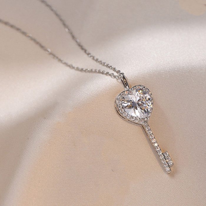 Silver Plated Anti Tarnish American Diamond Studded Heart Key Pendant - Image 3