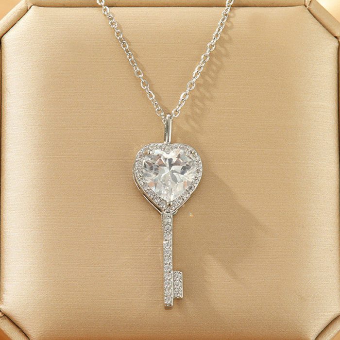 Silver Plated Anti Tarnish American Diamond Studded Heart Key Pendant - Image 4