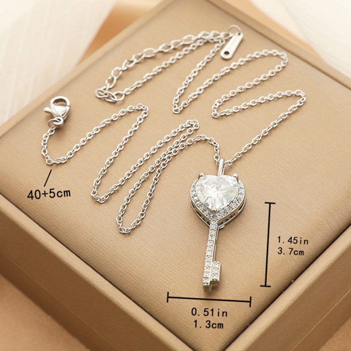 Silver Plated Anti Tarnish American Diamond Studded Heart Key Pendant - Image 5