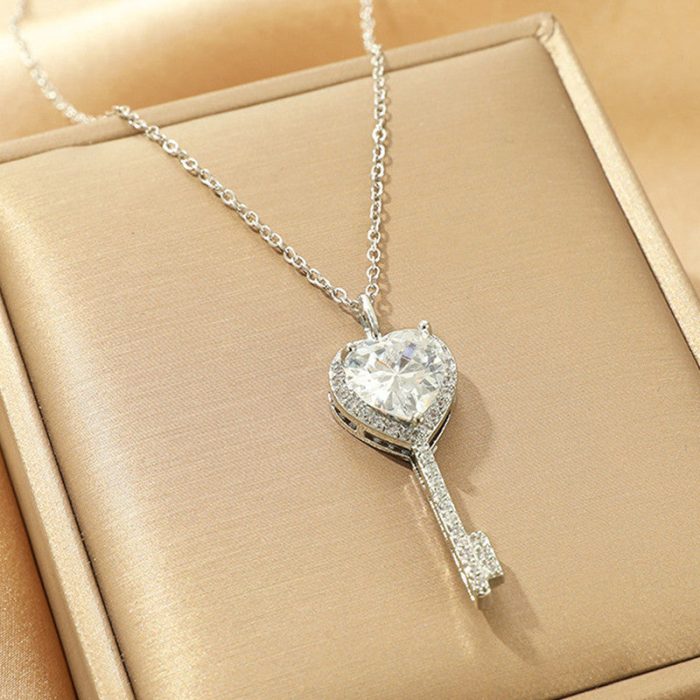 Silver Plated Anti Tarnish American Diamond Studded Heart Key Pendant - Image 6