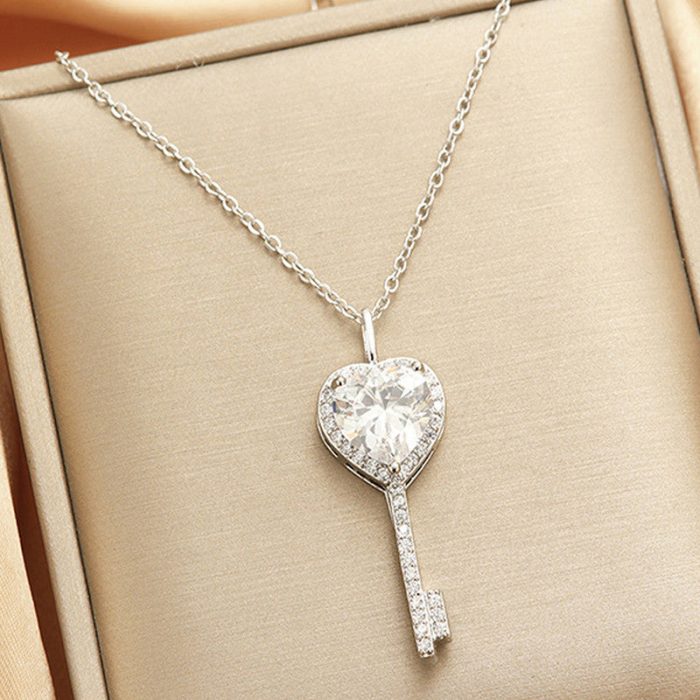 Silver Plated Anti Tarnish American Diamond Studded Heart Key Pendant - Image 7