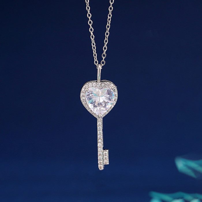 Silver Plated Anti Tarnish American Diamond Studded Heart Key Pendant - Image 9