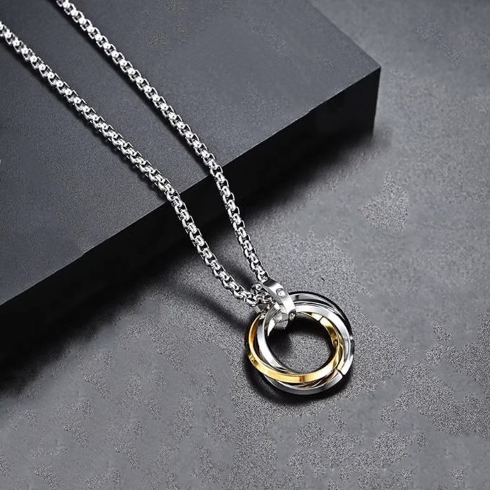 Silver Plated Stainless Steel Anti Tarnish Triple Rings Circular Pendant For Men - Image 7