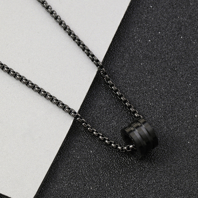 Black Silver Plated Stainless Steel Anti Tarnish Triple Linked Rings Black Circular Pendant - Image 1