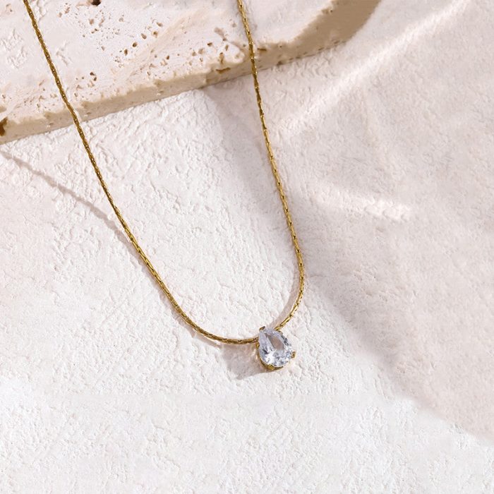 Gold Plated Stainless Steel Anti Tarnish Tear Drop CZ Pendant For Women - Image 2