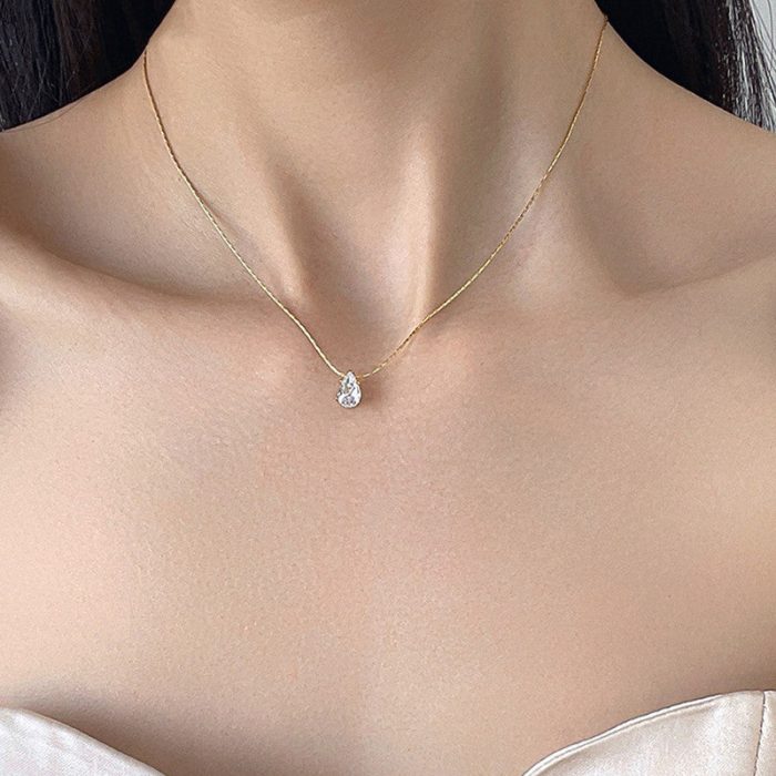 Gold Plated Stainless Steel Anti Tarnish Tear Drop CZ Pendant For Women - Image 3