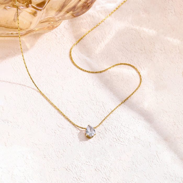 Gold Plated Stainless Steel Anti Tarnish Tear Drop CZ Pendant For Women - Image 4