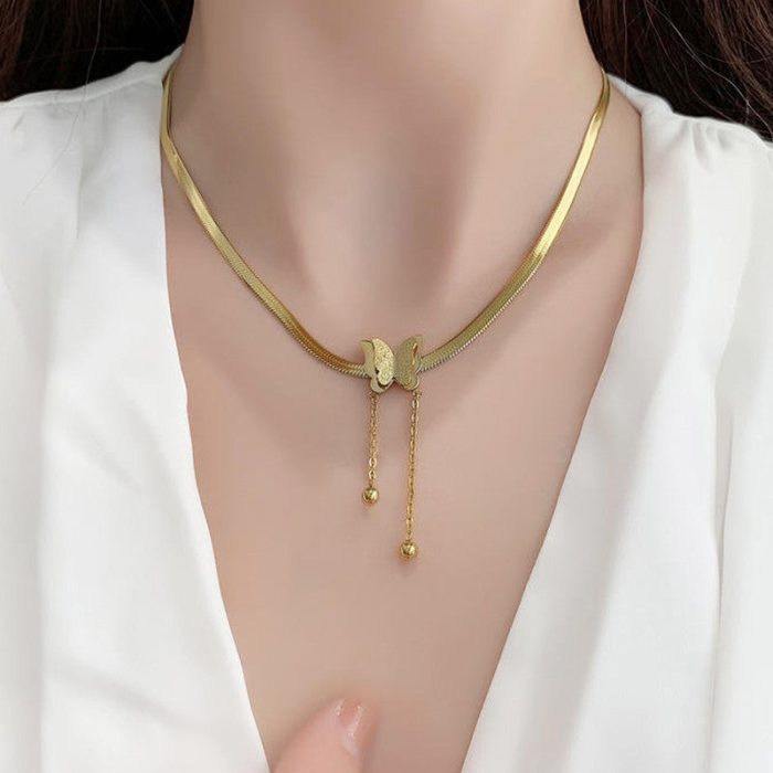 Gold Plated Stainless Steel Anti Tarnish Butterfly Themed Snake Chain Pendant - Image 2