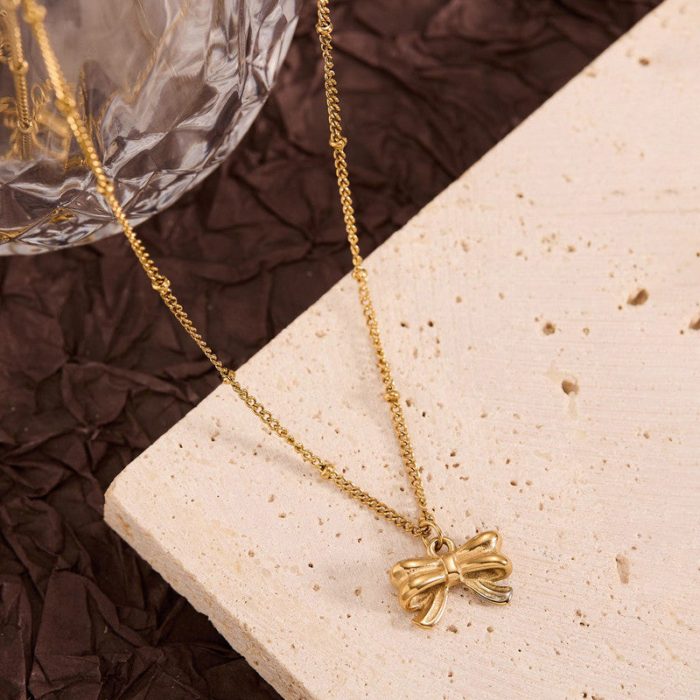 Gold Plated Stainless Steel Anti Tarnish Bow Themed Pendant - Image 8