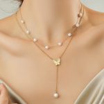 Gold Plated Anti Tarnish Stainless Steel Butterfly Themed Pearl Studded Pendant