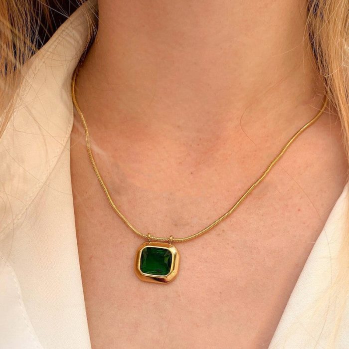 Gold Plated Anti Tarnish Stainless Steel Green CZ studded Geometric Rectangular Pendant - Image 2