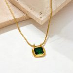 Gold Plated Anti Tarnish Stainless Steel Green CZ studded Geometric Rectangular Pendant - Image 3