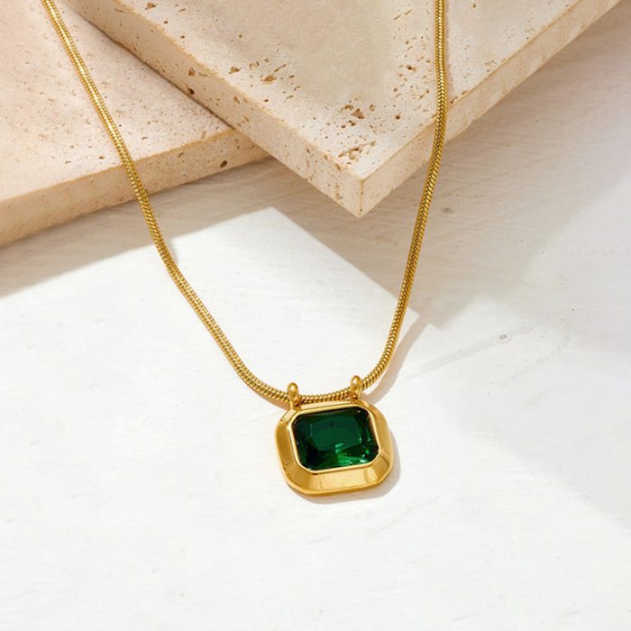 Gold Plated Anti Tarnish Stainless Steel Green CZ studded Geometric Rectangular Pendant - Image 3