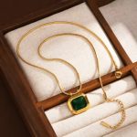 Gold Plated Anti Tarnish Stainless Steel Green CZ studded Geometric Rectangular Pendant - Image 6